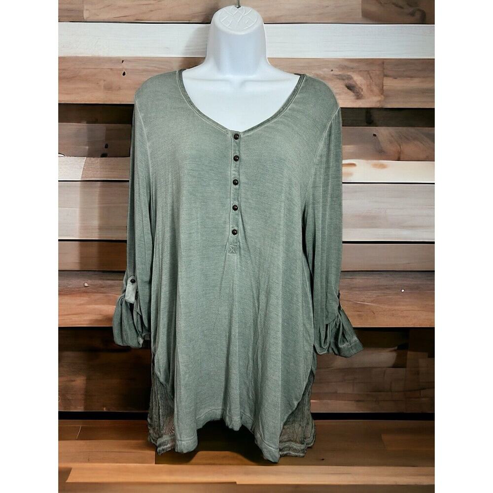 Soft Surroundings Sage Green Blouse Sz Large Silk Trim Roll Tab Sleeves Top